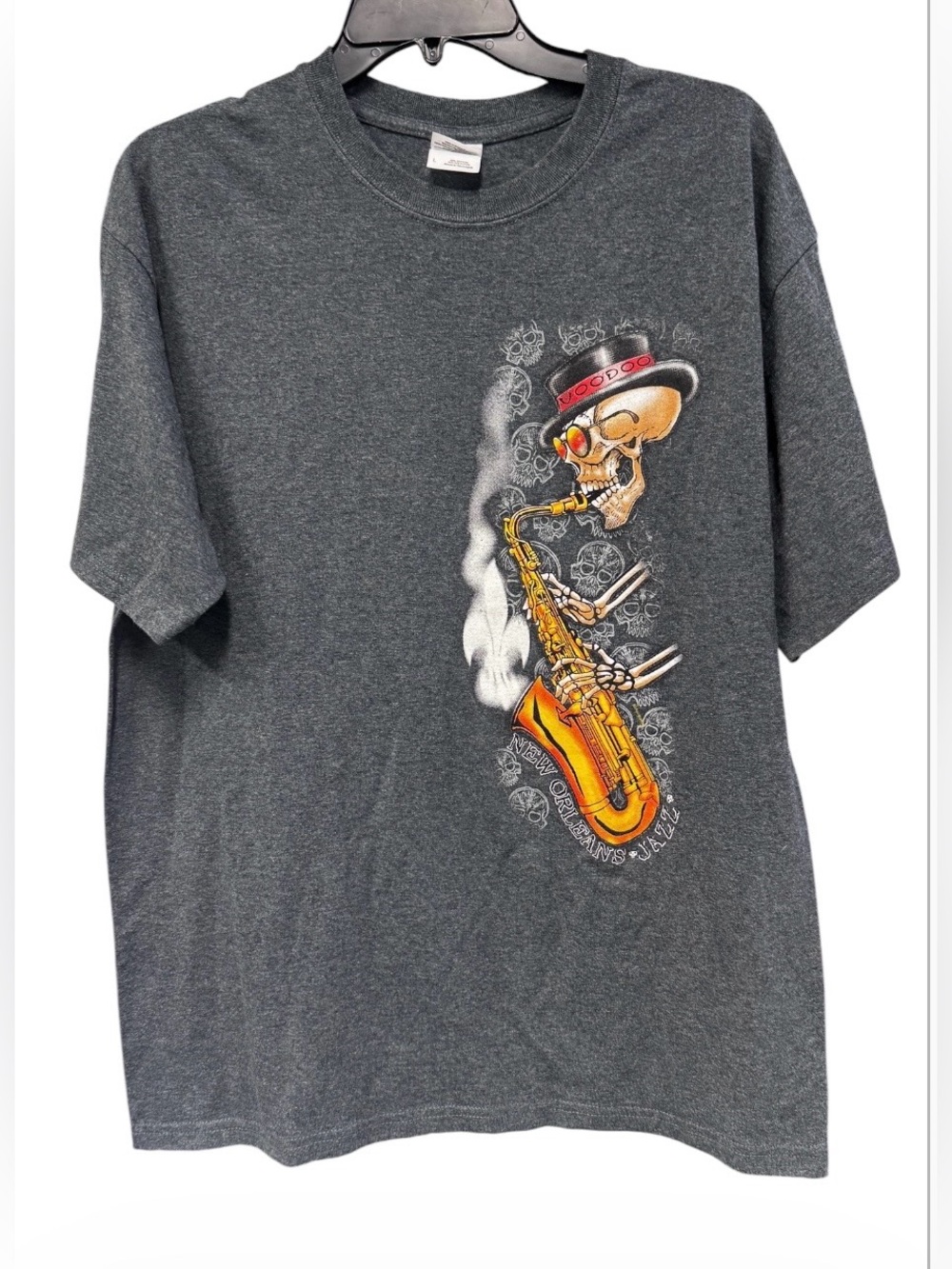 Gildan Gray Heather Tee with Saxophone Skeleton Graphic New Orleans Jazz Large